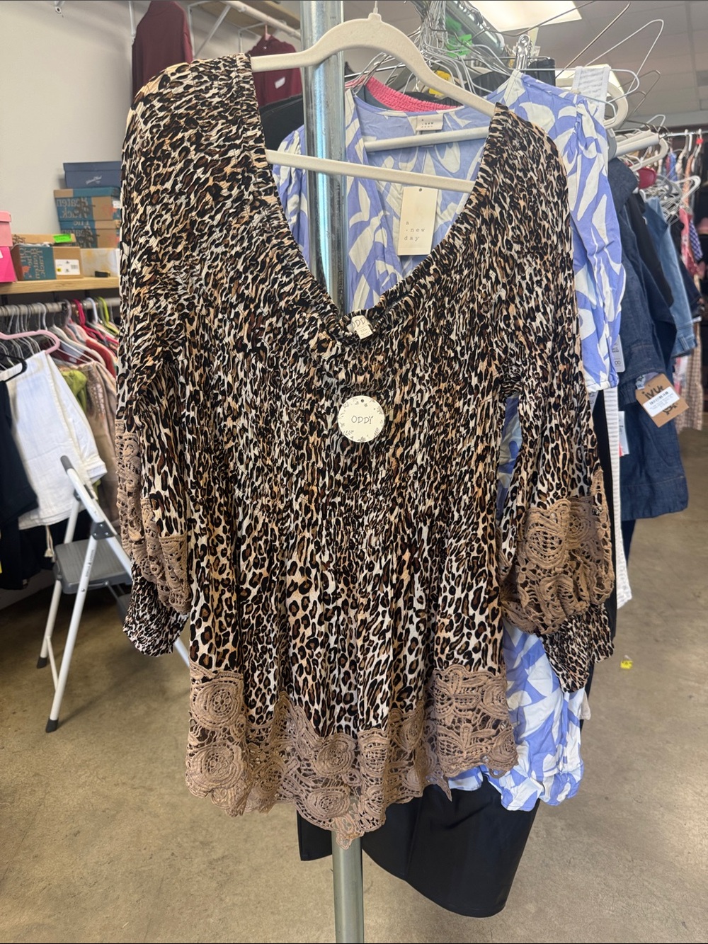 Leopard-Print Crochet Hem Peasant off the shoulder Tunic - Brown